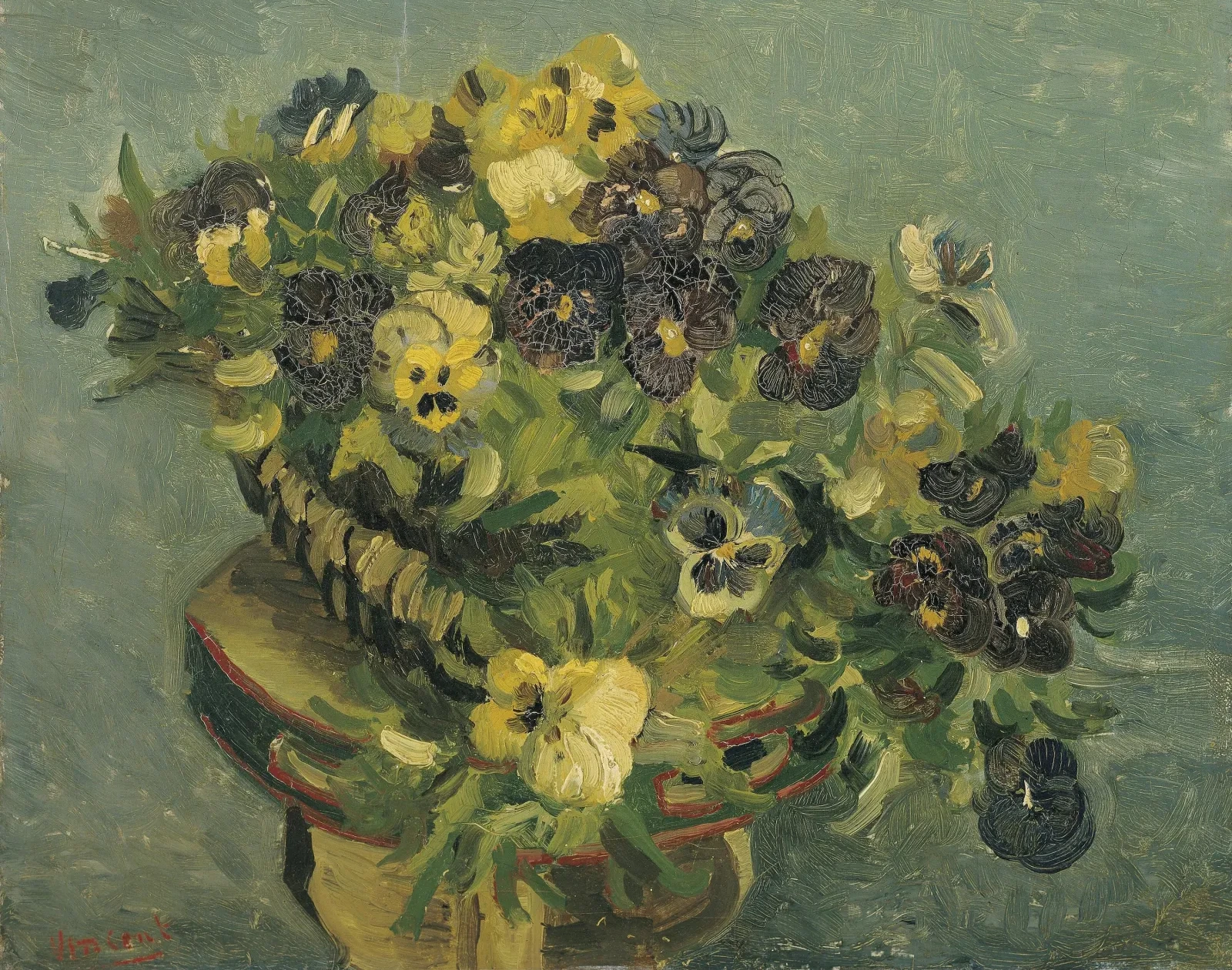 Basket of pansies on a small table, Vincent van Gogh