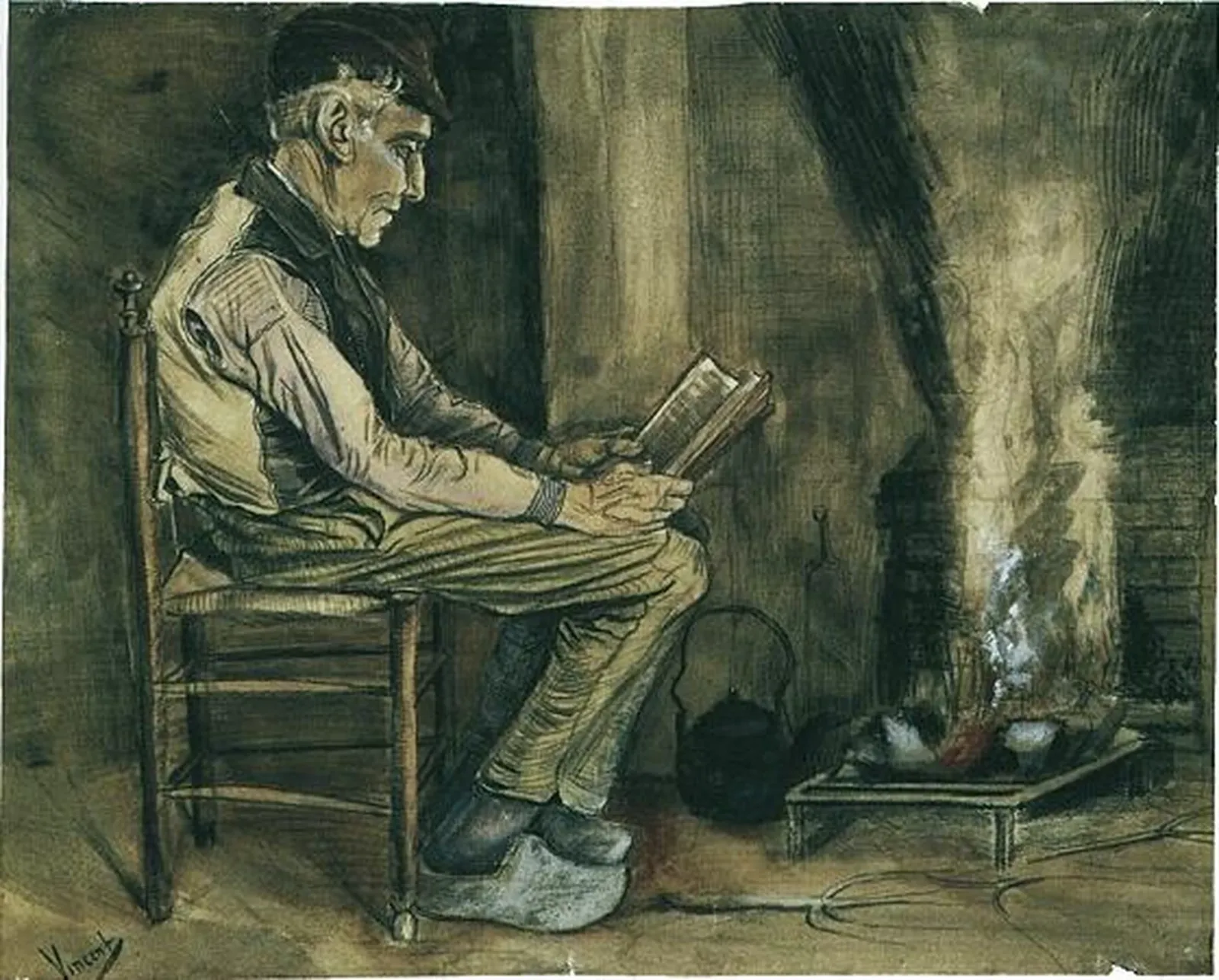 Farmer Sitting at the Fireside, Reading, Vincent van Gogh