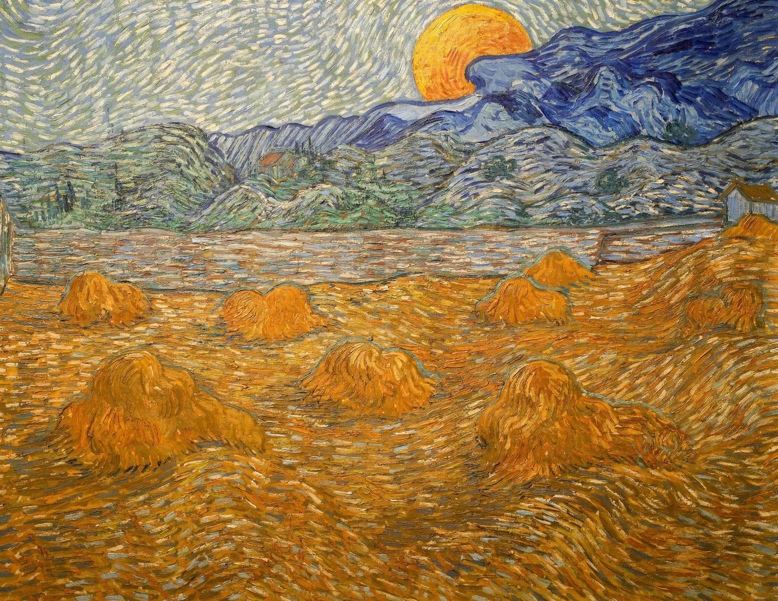 Landscape with wheat sheaves and rising moon, Vincent van Gogh