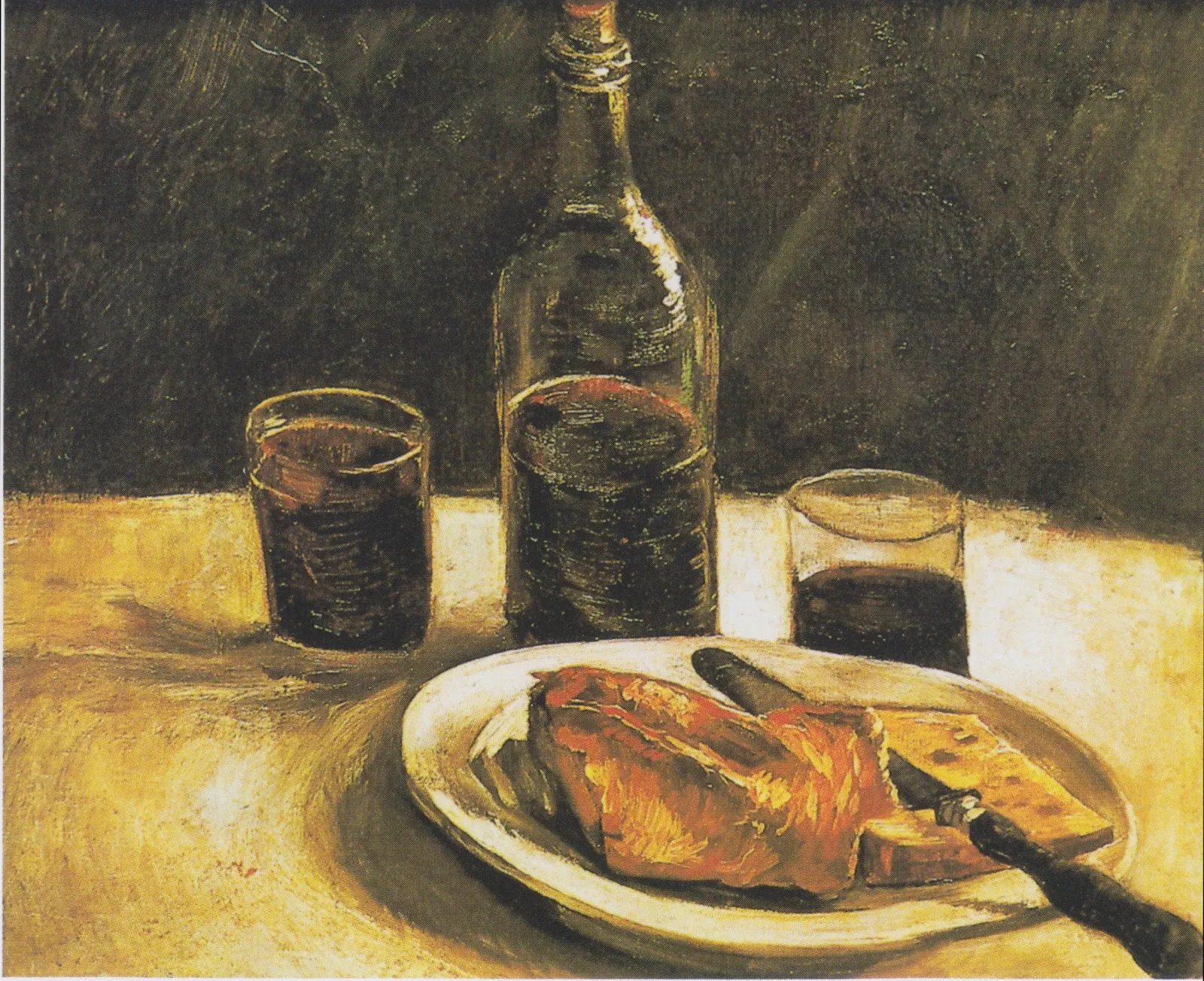 Nature morte à la bouteille, deux verres, du fromage et du pain, Vincent van Gogh
