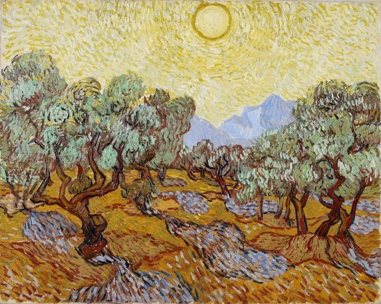 Oliviers avec ciel jaune et soleil, Vincent van Gogh
