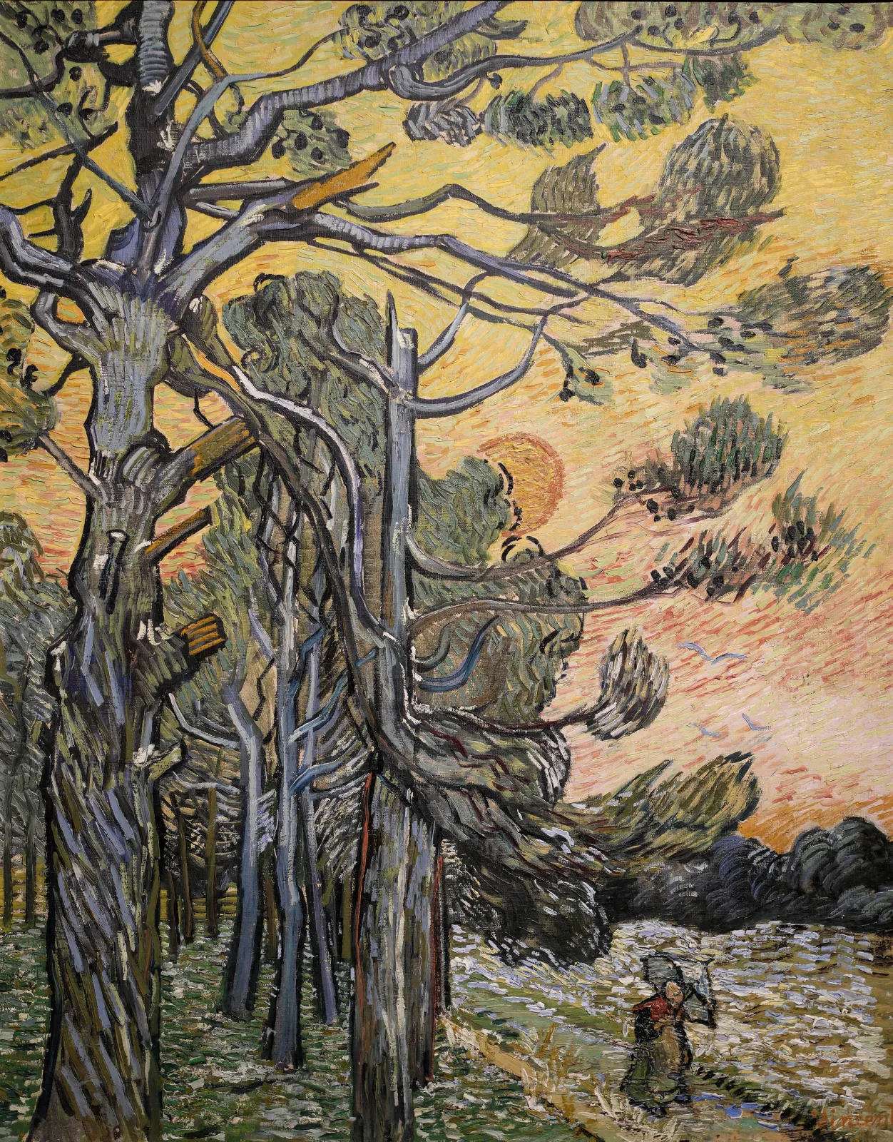 Pine Trees against a Red Sky with Setting Sun, Vincent van Gogh