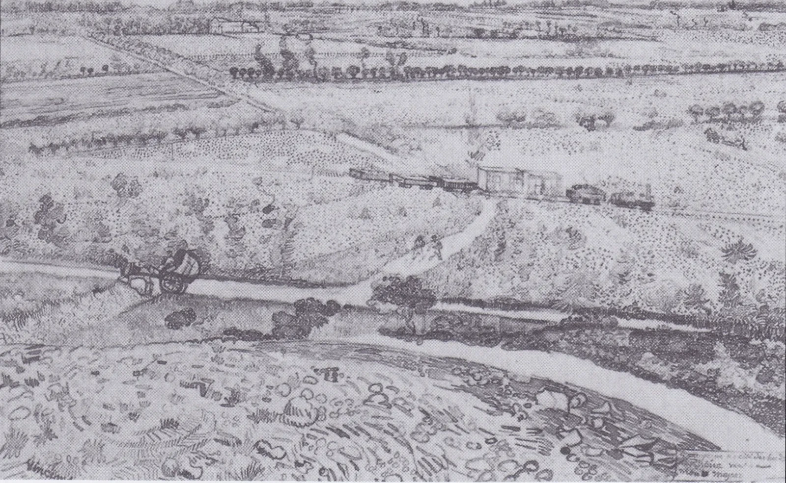 The plain La Crau" at Arles with a small train", Vincent van Gogh