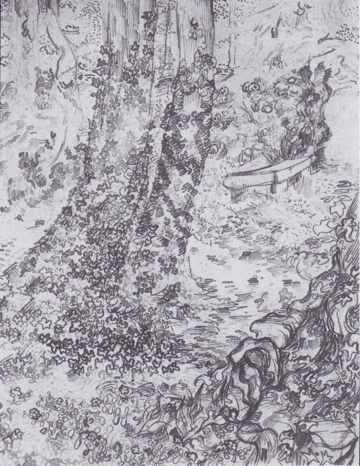 Trees with ivy and bench in the garden of the Hospital Saint-Paul, Vincent van Gogh