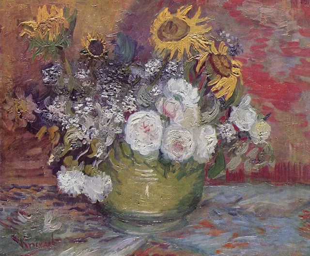 Cuenco con girasoles, rosas y otras flores, Vincent van Gogh