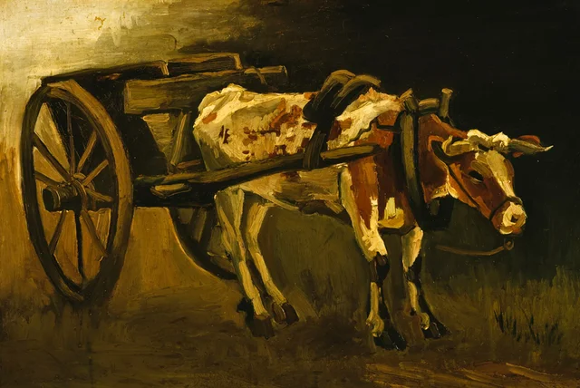 Carreta con buey rojo y blanco