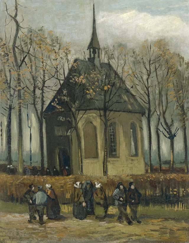 Congregación saliendo de la iglesia reformada de Nuenen