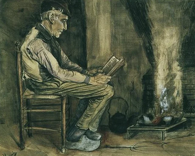 Campesino sentado junto al fuego, leyendo
