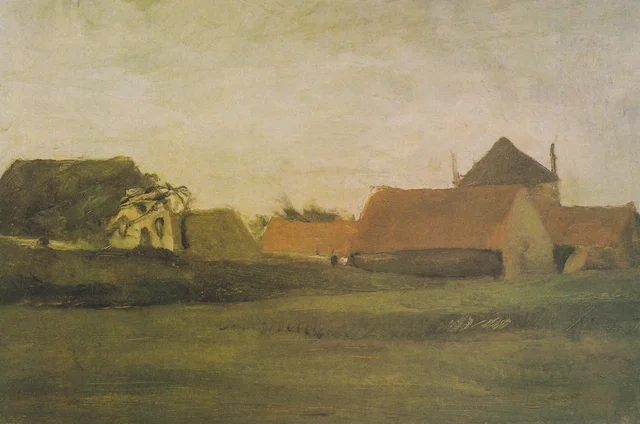 Granjas en Loosduinen cerca de La Haya al crepúsculo, Vincent van Gogh