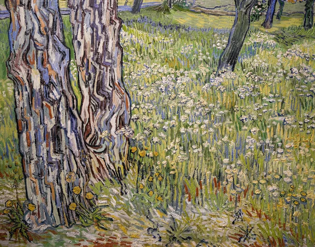 Prado florido con árboles y dientes de león, Vincent van Gogh