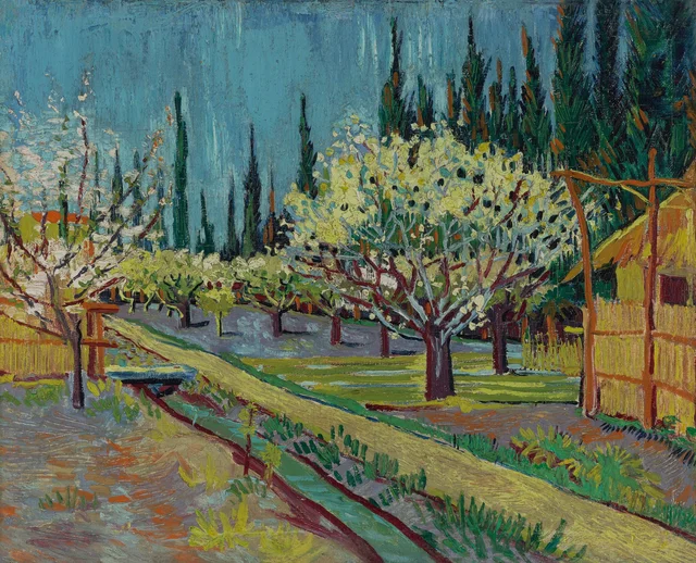 Huerto en flor rodeado de cipreses, Vincent van Gogh