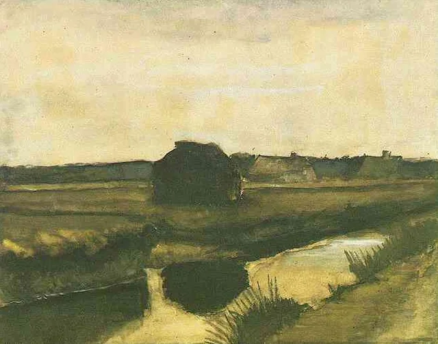 Paisaje con un montón de turba y granjas