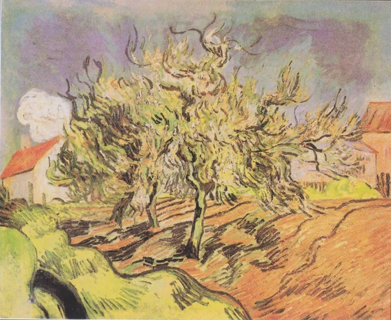 Landscape with three trees and houses