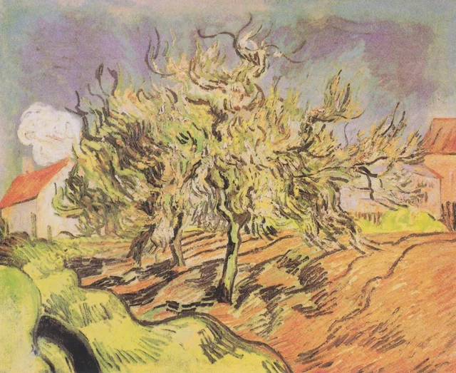Paisaje con tres árboles y casas