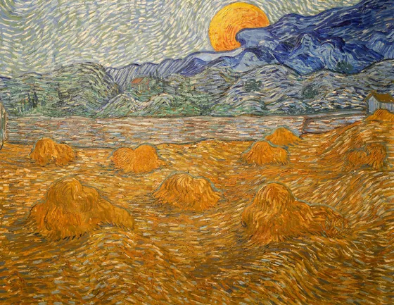 Landscape with wheat sheaves and rising moon