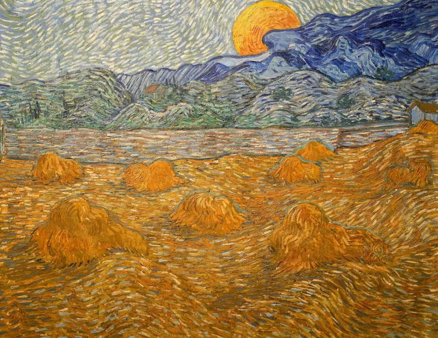 Paisaje con gavillas de trigo y luna saliente, Vincent van Gogh