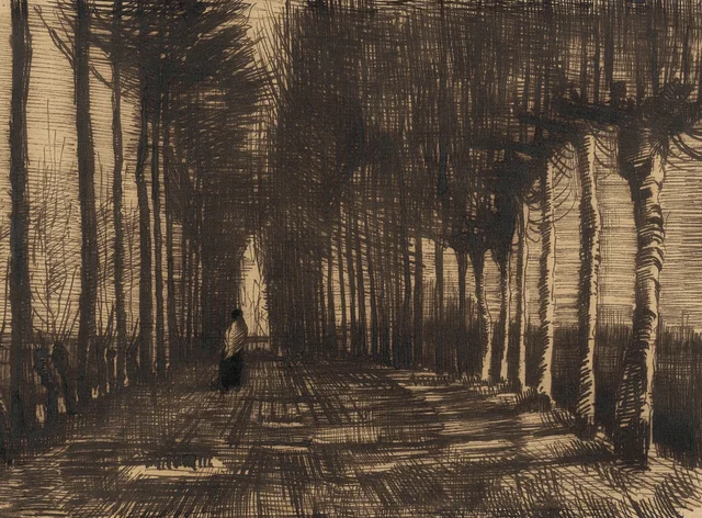 Avenida con árboles y una figura