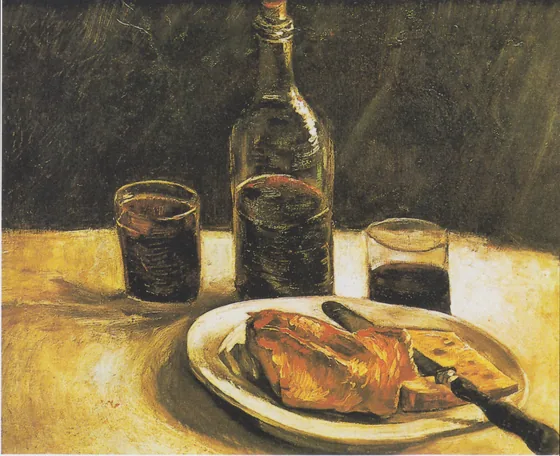 Nature morte à la bouteille, deux verres, du fromage et du pain