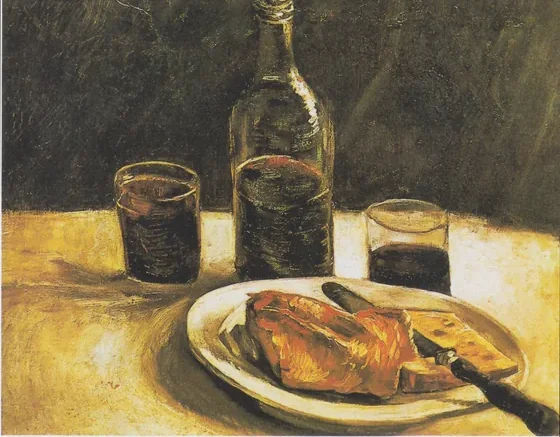 Nature morte à la bouteille, deux verres, du fromage et du pain