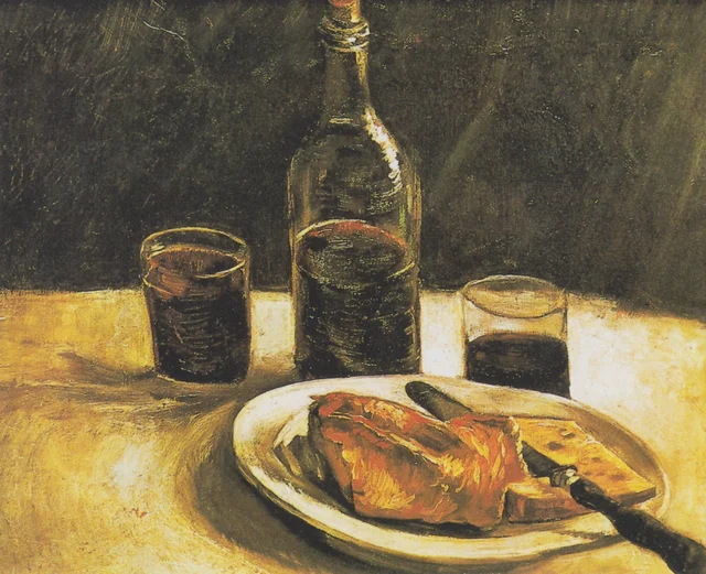 Naturaleza muerta con botella, dos vasos, queso y pan