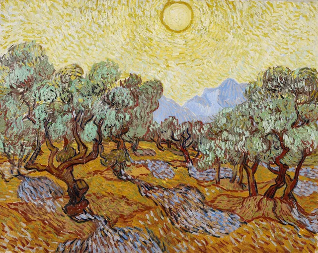 Olivos con cielo amarillo y sol, Vincent van Gogh