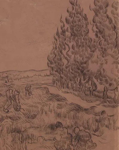 Paysage avec cyprès