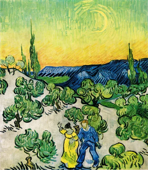 Paysage avec un couple de marche et croissant de lune