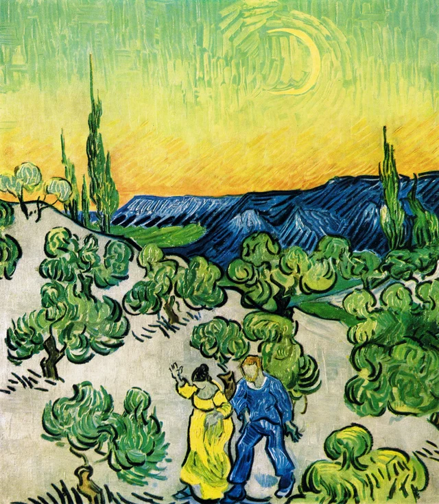 Paisaje con una pareja caminando y luna creciente