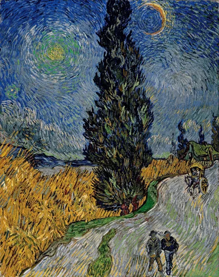 Route avec un cyprès et une étoile