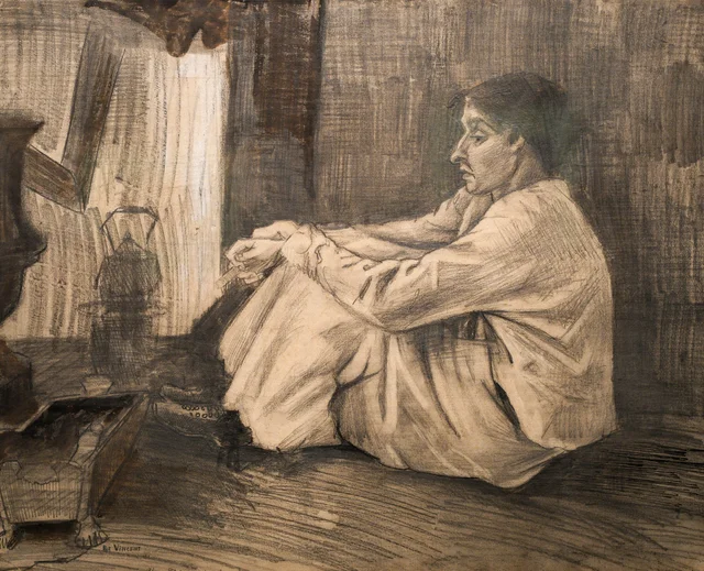 Sien con un cigarro, sentada en el suelo junto a la chimenea, Vincent van Gogh