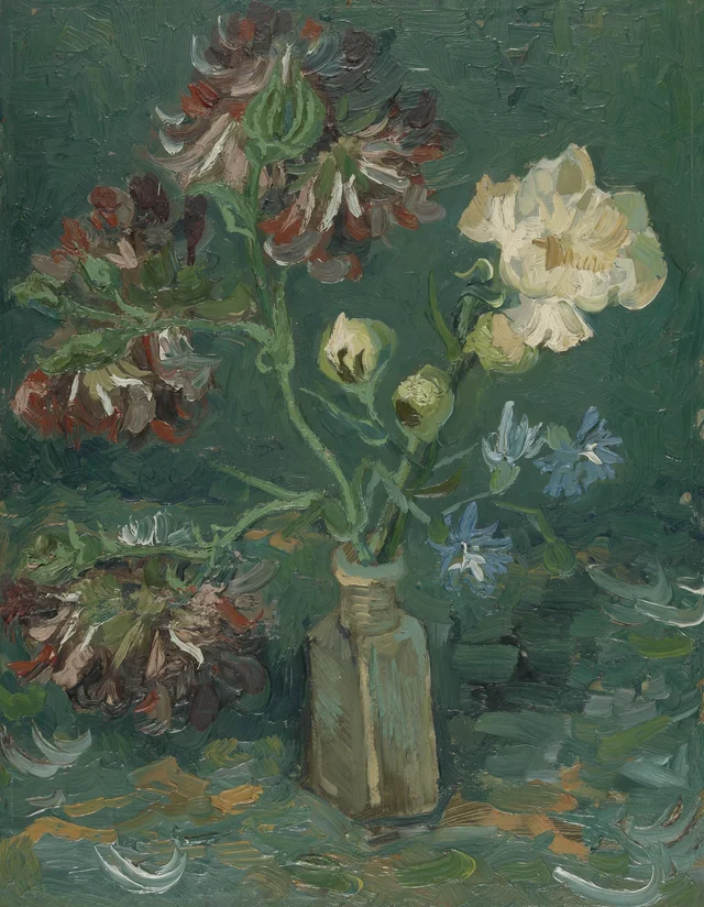 Petite bouteille avec pivoines et delphiniums bleus, Vincent van Gogh