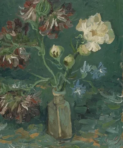 Small Bottle with Peonies and Blue Delphiniums