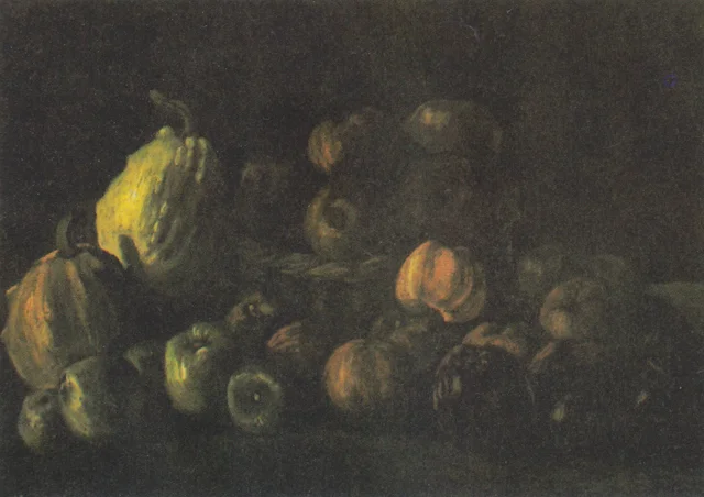 Naturaleza muerta con un cesto de manzanas y dos calabazas