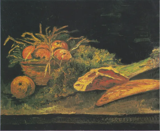 Still Life with Apple Basket, Meat and Bread Rolls
