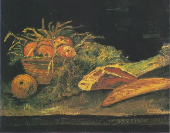 Still Life with Apple Basket, Meat and Bread Rolls