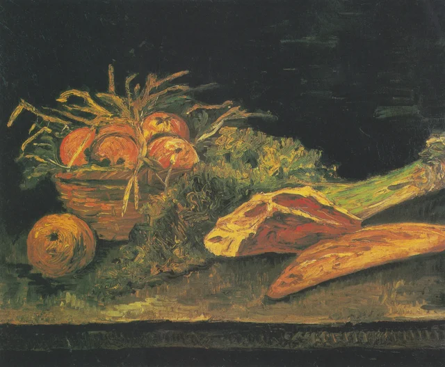 Nature morte avec corbeille de pommes, viande et petits pains, Vincent van Gogh