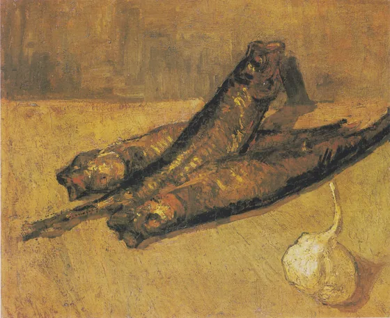 Still life with buckling and garlic-onion