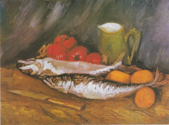 Still Life with mackerel, lemon and tomato
