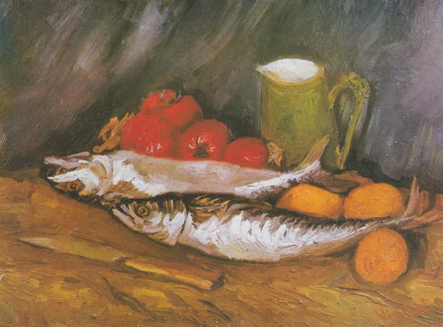 Naturaleza muerta con caballa, limón y tomate