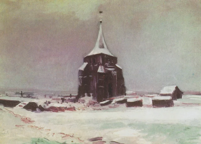La vieja torre del cementerio de Nuenen bajo la nieve