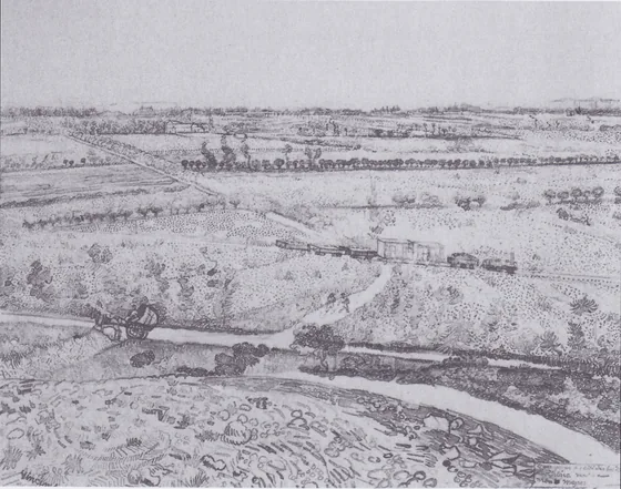 The plain La Crau" at Arles with a small train"