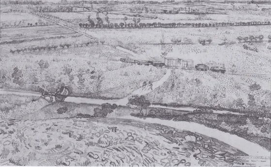 The plain La Crau" at Arles with a small train"