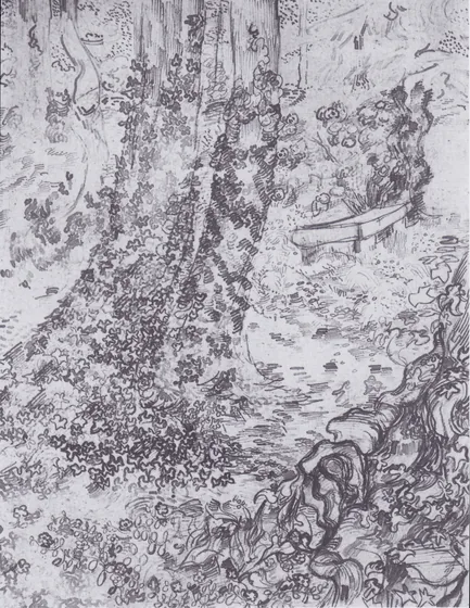 Trees with ivy and bench in the garden of the Hospital Saint-Paul
