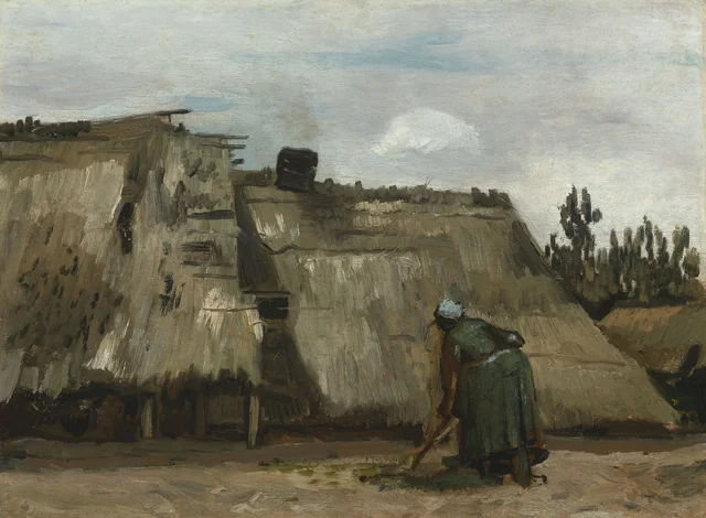 Una campesina cavando ante su cabaña