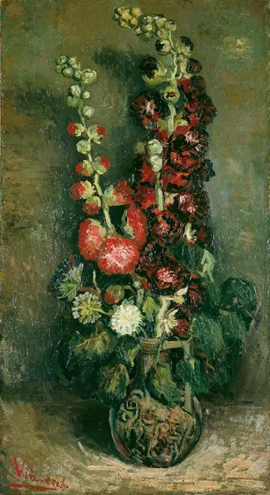 Vase de roses trémières