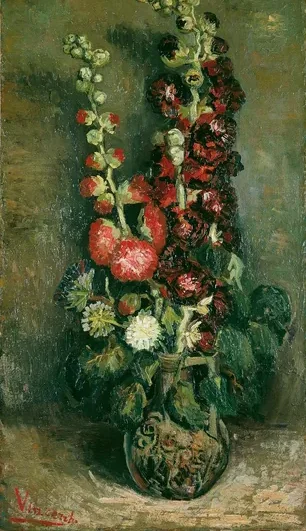Vase de roses trémières