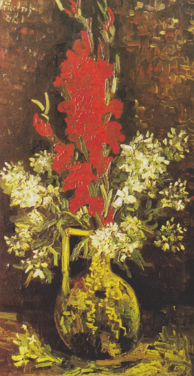 Jarrón con flores rojas y blancas