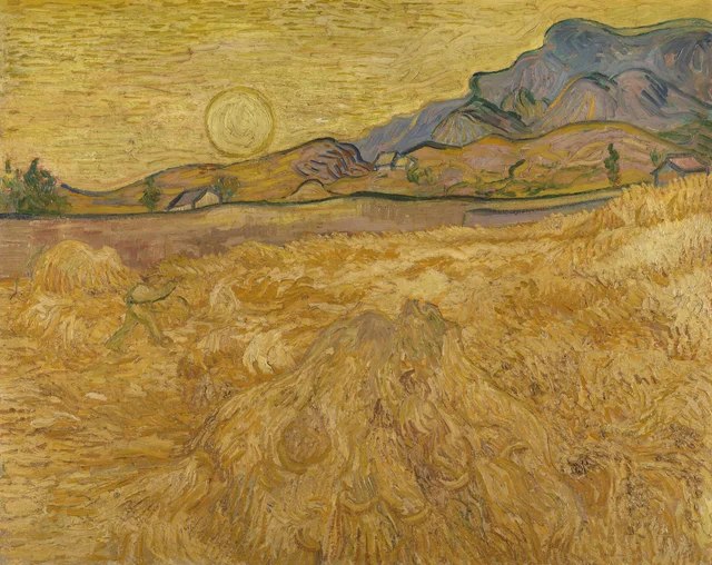 Campo de trigo con segador y sol