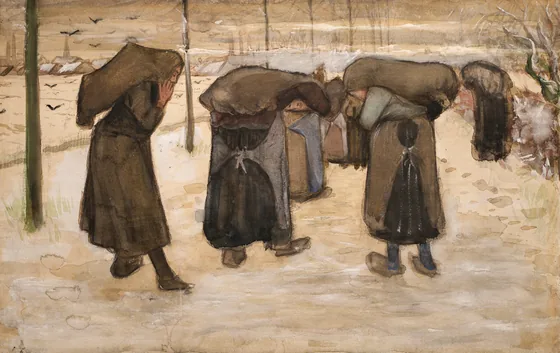 Women carrying sacks of coal in the snow