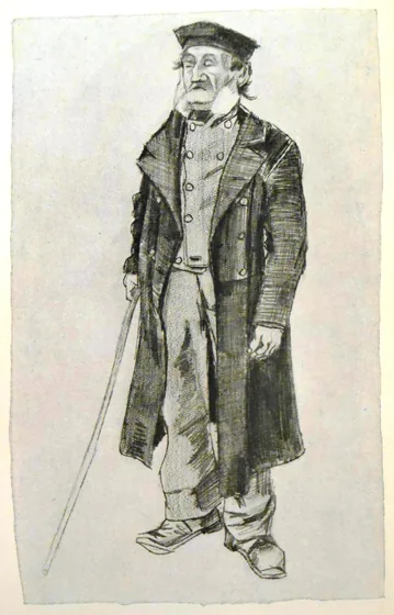 Workhouse-inmate with skull-cap and stick